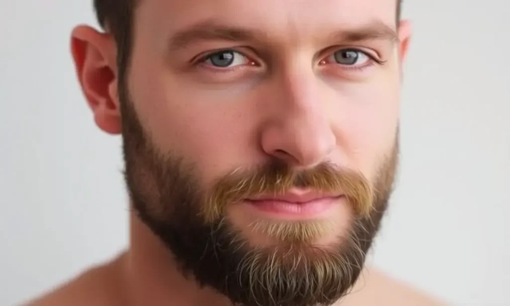 A close-up portrait of a man with a well-groomed, neatly styled beard that follows the natural direction of hair growth, showing a clean, healthy appearance. The background is soft and blurred, focusing attention on the beard's texture and shape, with subtle lighting that highlights the beard's smoothness and symmetry.