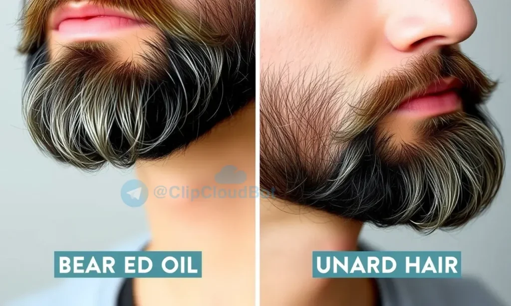 A man with a neatly trimmed beard, showing the texture and appearance of beard hair treated with hair oil, compared to untreated beard hair. The image should depict a close-up view of the beard, highlighting the difference in texture, shine, and softness between the oiled and untreated sections. The style should be realistic and detailed, focusing on the natural look of the beard with oil application.