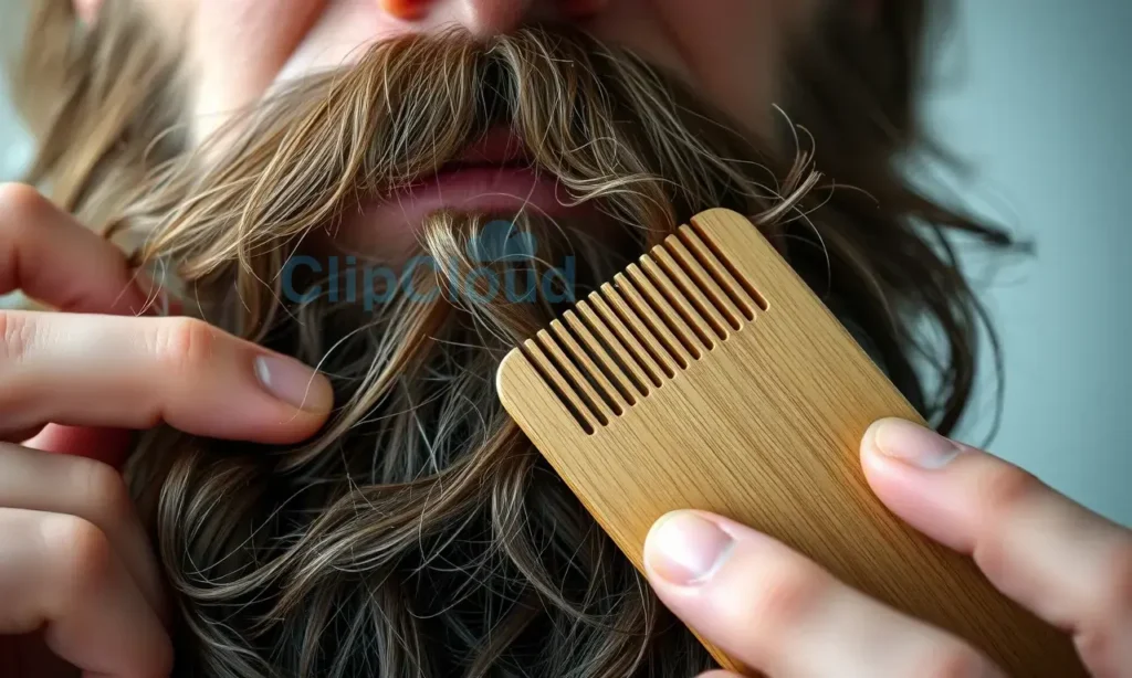 A close-up of a man's beard with tangled and matted strands being gently combed out using a wide-toothed wooden comb, showing individual hairs being carefully separated without pulling, soft natural lighting, focus on the beard texture and combing motion, no face visible, only the beard and hands in frame