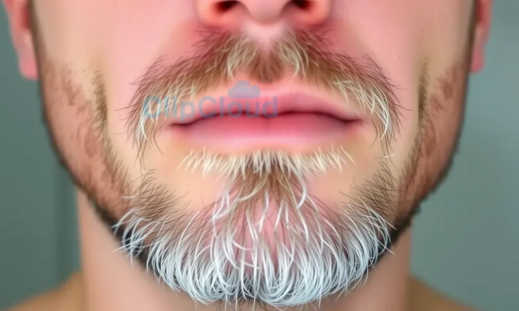 A close-up image of a man's face with dry, flaky skin under the beard after a shower. The skin should appear slightly red and irritated, with visible flakes. The beard should be well-groomed and the background should be neutral, focusing on the skin condition.