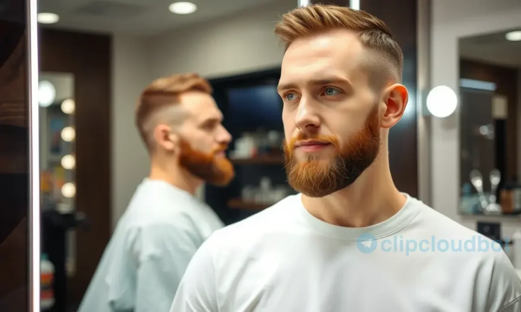 A man with a neatly trimmed beard, clean and well-groomed, standing in front of a mirror, looking at his reflection, with a barber's tools visible in the background, such as scissors and a comb, in a modern barbershop setting, with soft lighting and a clean, professional atmosphere