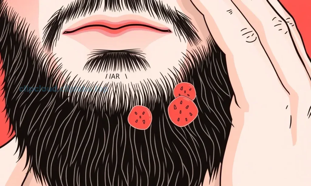 A close-up illustration showing dry, flaky skin under a beard with visible redness and irritation, depicting the problem of itchy beard area, with a hand gently scratching the skin to show the itch sensation, in a clear medical or health education style