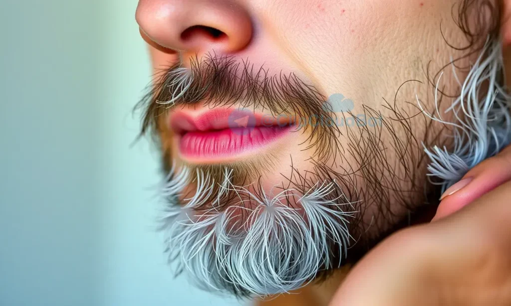A close-up of a man's face with a beard, showing dry skin texture and subtle flakiness, natural lighting, realistic skin details, no text or symbols on skin
