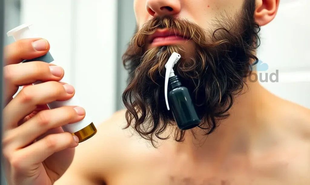 A man grooming his beard with proper skincare routine, showing clean skin and healthy beard, using beard oil and gentle cleanser, avoiding harsh products and over-trimming, in a clean bathroom setting