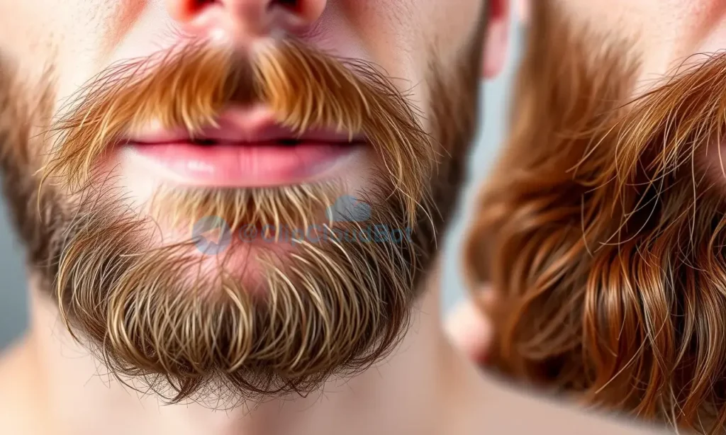 A close-up of a man with a newly grown beard, showing the texture and slight redness of the skin underneath, indicating mild irritation. The beard should be short and stubbly, contrasting with a longer, well-groomed beard in the background to illustrate the difference in stages of beard growth.