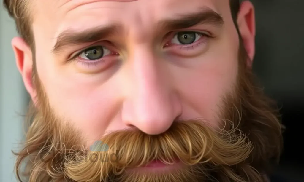 Close-up portrait of a man with a thick, well-groomed beard. The beard should appear dense and textured, contrasting with the softer hair on his head. Focus on the beard's individual strands and the overall texture. The man should have a neutral expression, looking directly at the camera. Soft, natural lighting.