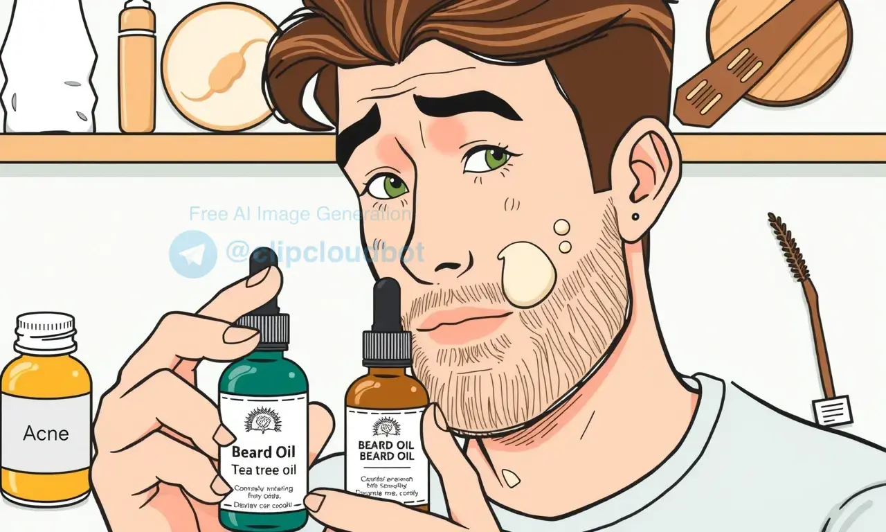 A detailed illustration showing a man with acne-prone skin examining different bottles of beard oil, with clear labels highlighting ingredients like tea tree oil and jojoba oil, set against a clean background with skincare elements
