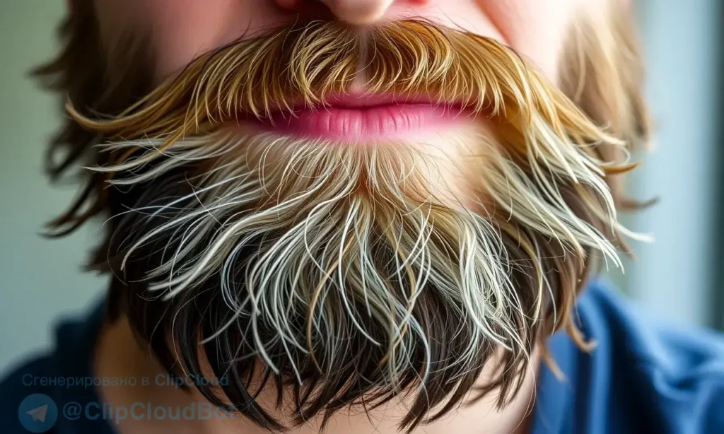 A close-up shot of a man's beard after it has been recently groomed. The beard appears slightly messy and unkempt, with some strands falling loose. The lighting should be natural and highlight the texture of the beard. Focus on the beard itself, with a blurred background.