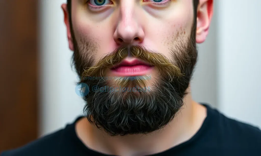 A close-up, realistic portrait of a man with a neatly trimmed beard. The man has a neutral expression, looking directly at the viewer. The background is blurred and out of focus, emphasizing the man's face and beard. The lighting is soft and even.