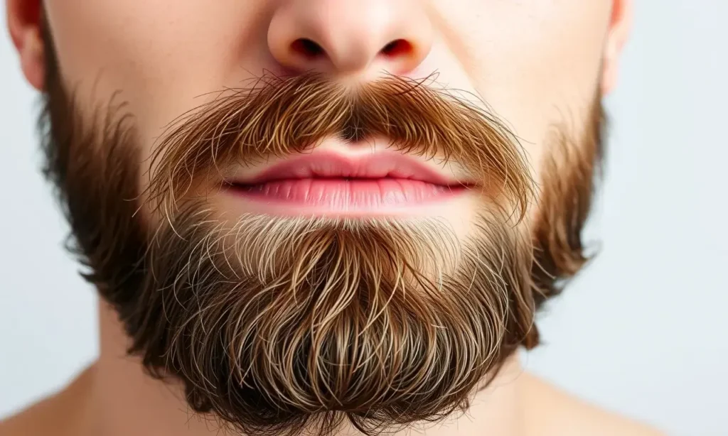 A close-up portrait of a man with a well-groomed beard, focusing on the skin underneath. The left side of the beard area shows irritated, reddened, flaky skin indicating cosmetic overload, while the right side displays calm, hydrated, healthy skin with a subtle glow. The background is soft and neutral, emphasizing the contrast in skin condition without any text or symbols.