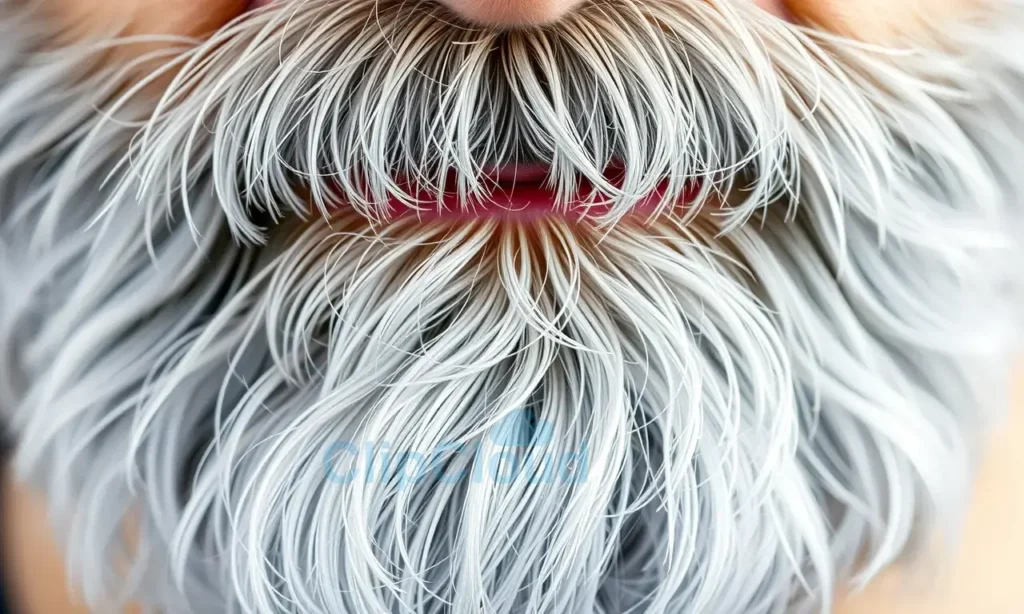 A close-up of a gray beard with natural shine and freshness, free of yellowing or discoloration, depicted in a realistic and healthy style