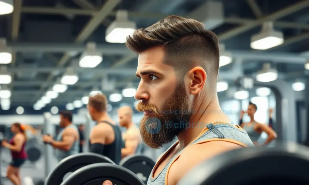 A man with a well-groomed beard is working out at a gym. He is wearing athletic clothing and is focused on lifting weights. The background shows gym equipment and other people exercising. The lighting is bright and energetic.
