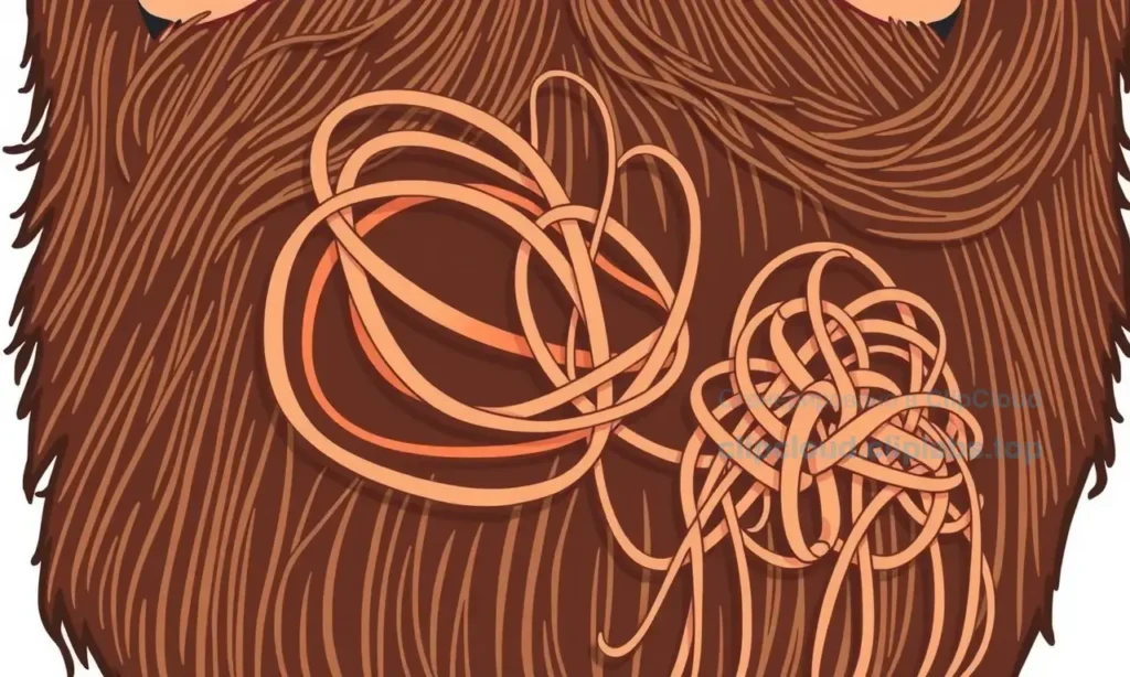 A close-up illustration showing a tangled beard with visible knots and clumps, demonstrating the problem of beard tangling, with clear visual cues of disorganized hair strands forming messy clumps, in a clean, simple style suitable for a FAQ guide