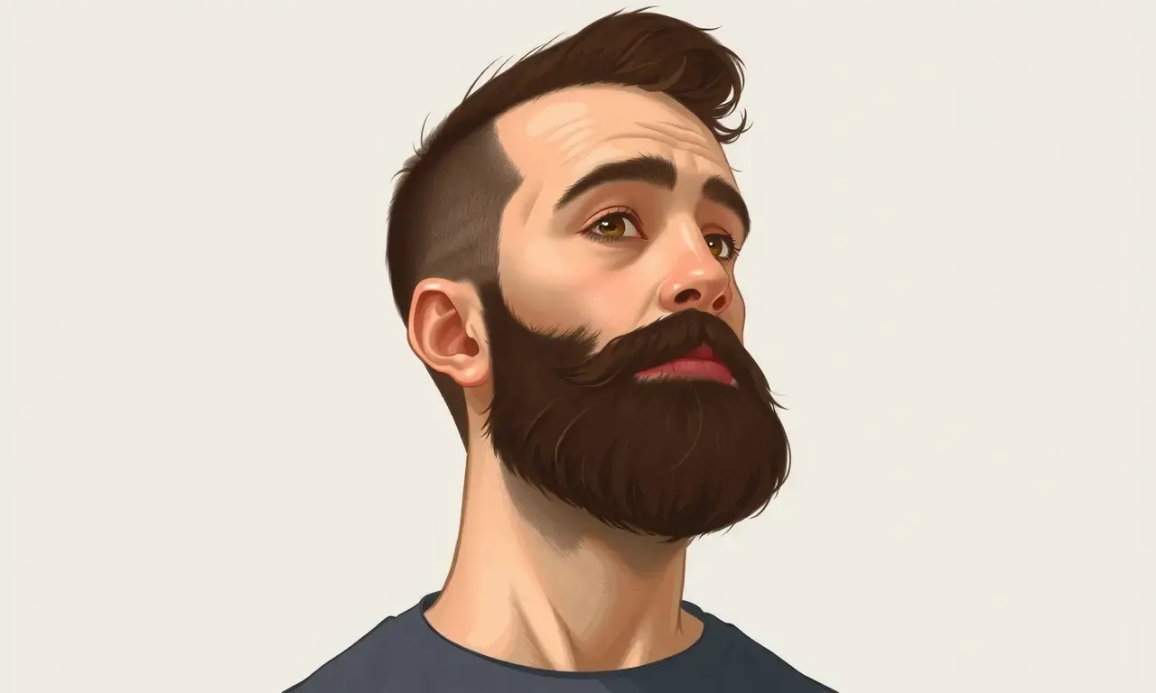 A man with a beard growing in an unusual direction, such as sideways or upward, depicted in a realistic style. The beard should contrast with the natural hair growth pattern, emphasizing the abnormality. The background should be neutral to focus on the subject.