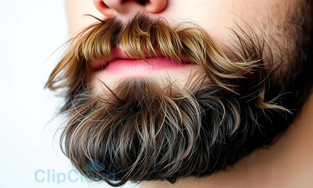 A close-up of a well-groomed beard with a focus on the contrast between the oily roots and dry ends. The beard should appear healthy and well-maintained, showcasing the texture and different conditions of the hair. The background should be neutral and not distract from the beard.