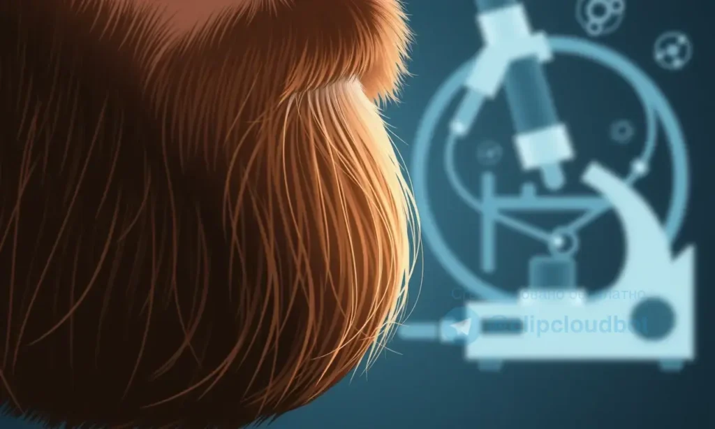 A close‑up illustration of a man's beard with a natural gradient: the roots are dark brown and gradually lighten to a lighter shade at the tips. The beard is rendered in realistic detail, with subtle shading to emphasize the color transition. In the background, faint scientific elements such as a stylized microscope or a microscopic view of a hair follicle are subtly incorporated to suggest expert analysis, without any text or lettering.