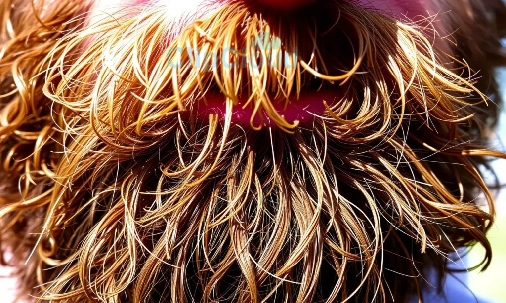 A close-up, detailed image of a man's beard, showing variations in color and highlights from sunlight. The beard should have a natural, slightly textured appearance. Focus on the interplay of light and shadow on the hair strands.