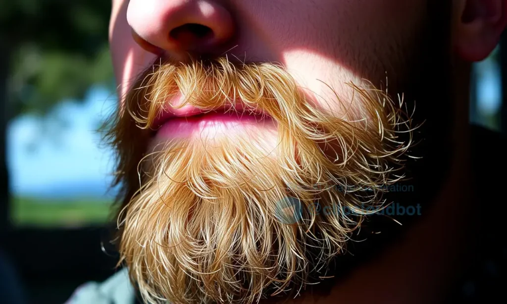 A close-up photo of a man's beard, with sunlight highlighting the lighter areas and shadows emphasizing the texture. The beard should appear healthy and well-groomed. Focus on the interplay of light and shadow on the facial hair.