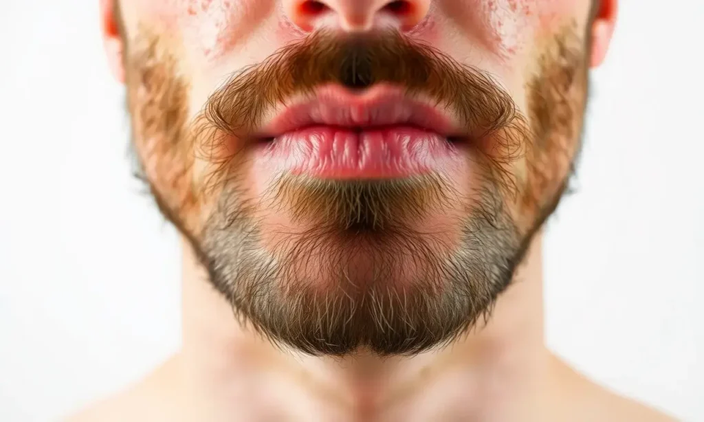 A close-up of a man's face showing the skin under a short beard with visible acne and irritation, set against a clean white background, with subtle lighting highlighting the texture of the skin and facial hair, no text or symbols present