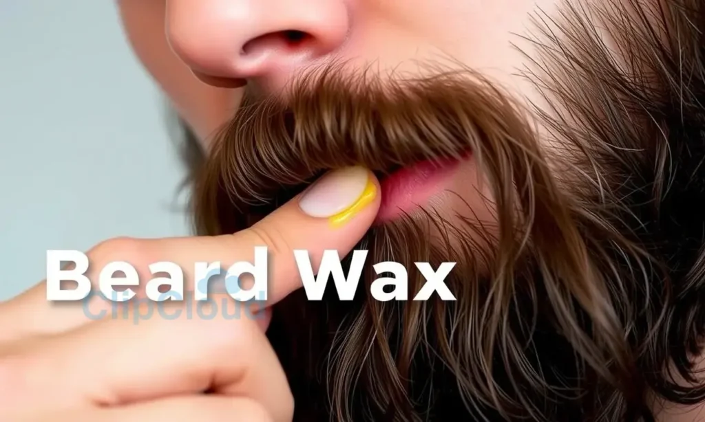 A close-up of a person applying beard wax to their beard, showing the wax being worked into the hair with fingers, with a focus on the texture and hold of the wax. The background is neutral and blurred to emphasize the action. The beard should appear well-groomed and styled, demonstrating the effectiveness of the wax in maintaining shape throughout the day.