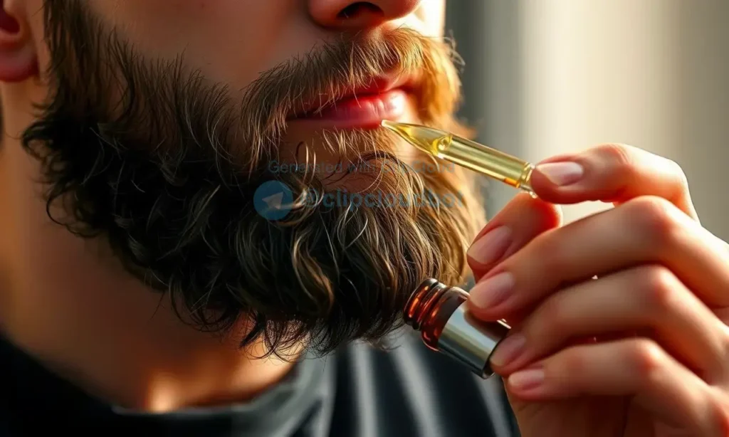 A close-up, high-quality shot of a man with a well-groomed beard applying beard oil. He is holding a small dropper bottle and carefully applying the oil to his beard. The lighting is soft and warm, highlighting the texture of the beard and the droplets of oil. The background is blurred to keep the focus on the man and the action.