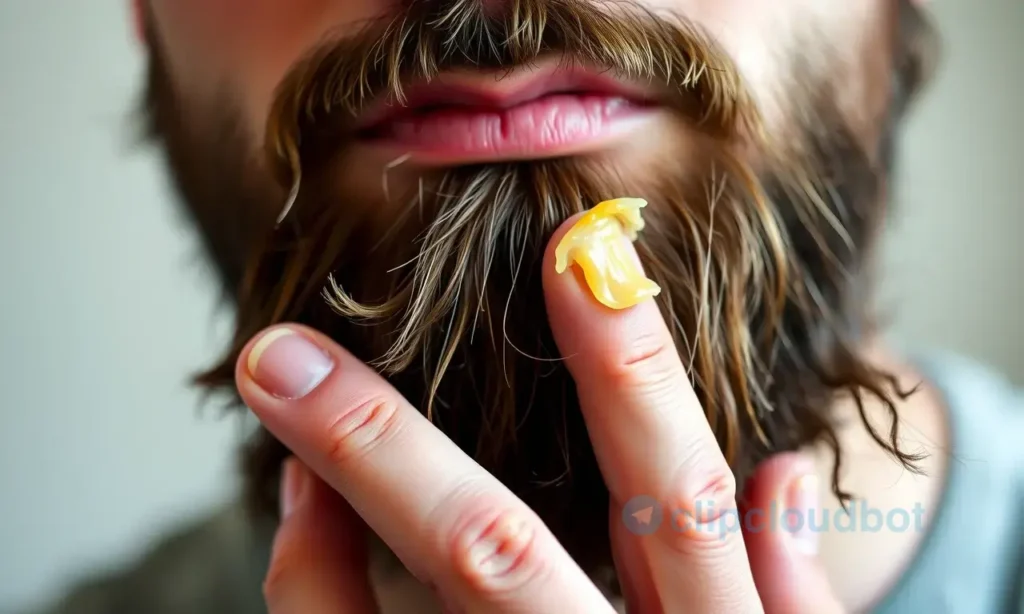 A close-up shot of a man's beard with a beard wax application process. The beard is slightly messy, indicating it needs shaping. Focus on the hands applying the wax, showing the texture and consistency of the wax. The background should be blurred, emphasizing the beard and the application.