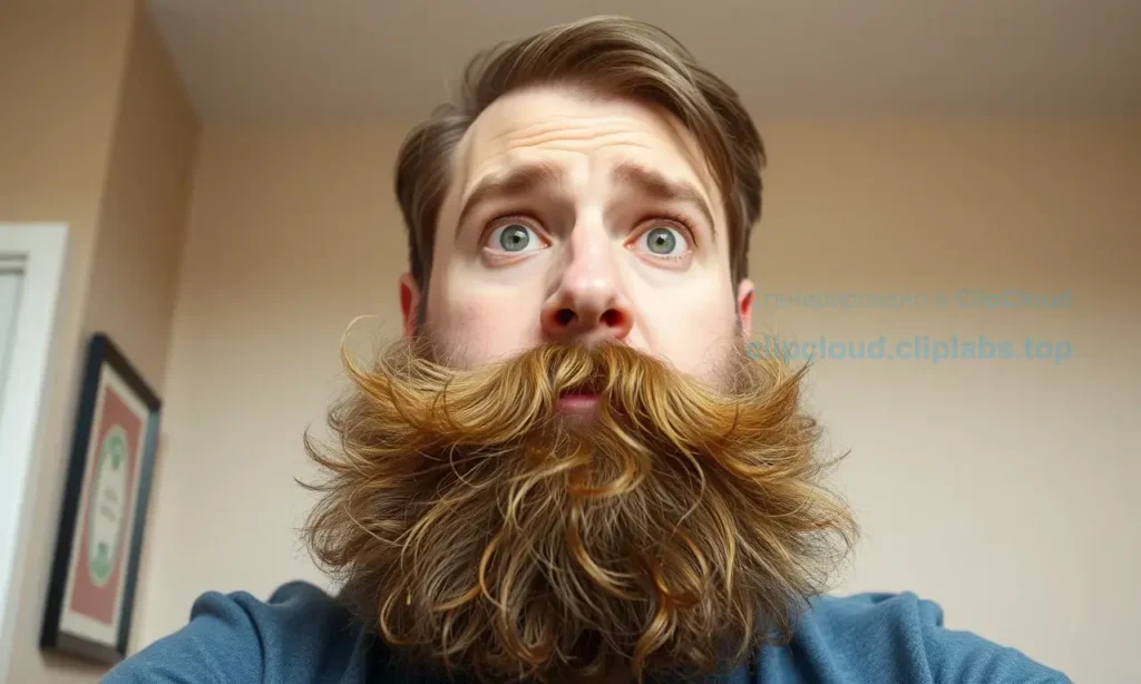 A man with a thick, fluffy beard that is visibly puffing up and sticking out in multiple directions, showing strands standing upright and sideways, with a confused or frustrated expression, in a well-lit indoor setting with neutral background, realistic human features, detailed hair texture