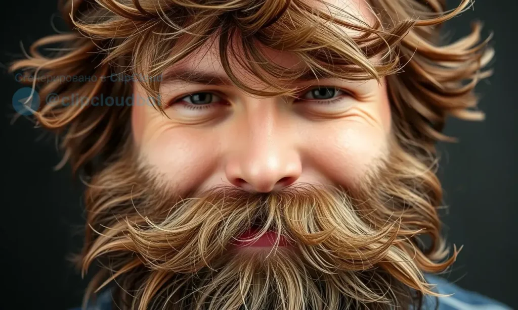 A close-up image of a man with a thick, bushy beard that is sticking out in various directions. The beard should have a natural, unkempt look with different hair lengths and textures. The focus should be on the beard's unique growth pattern and the way it stands out from the face. The man's facial expression should be neutral or slightly amused, highlighting the natural and wild appearance of his beard.
