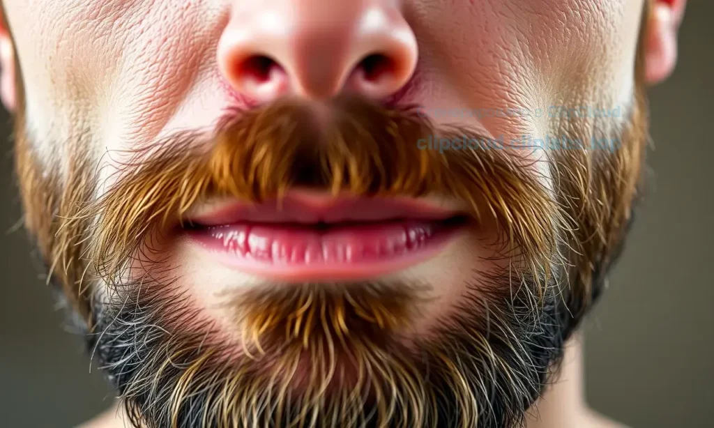 A close-up, high-quality shot of a man's face, focusing on the area under his beard. The skin in this region appears slightly red and irritated, indicating a reaction or 'burning' sensation. The man has a neutral, slightly concerned expression. The lighting is soft and natural, highlighting the texture of the skin and the beard. The background is a blurred, neutral color to keep the focus on the subject.