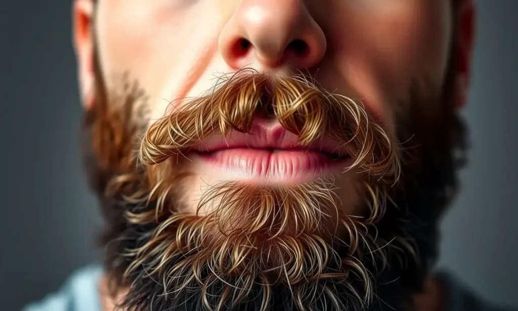 A close-up, high-quality photograph of a man's face, focusing on the area under his beard. The image should clearly show a distinct color difference, with the skin under the beard appearing noticeably darker than the skin on his cheeks and forehead. The man should have a well-groomed, full beard. The lighting should be soft and natural, highlighting the texture of the skin and the beard. The overall tone should be informative and realistic, suitable for a health or grooming article.