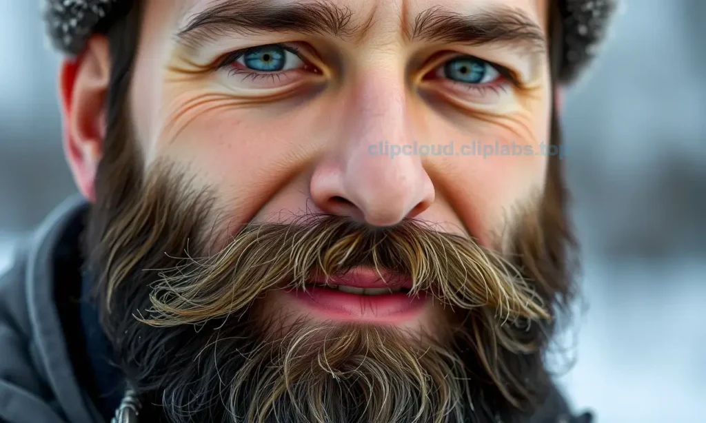 A close-up, high-quality portrait of a man with a well-groomed, thick winter beard. The beard is dark and healthy, with visible texture and slight frost or moisture droplets on the tips, indicating a cold environment. The man has a calm, confident expression. The background is a soft, out-of-focus winter scene with muted blues and whites, suggesting a snowy day. The lighting is natural and diffused, highlighting the beard's texture and the man's skin.