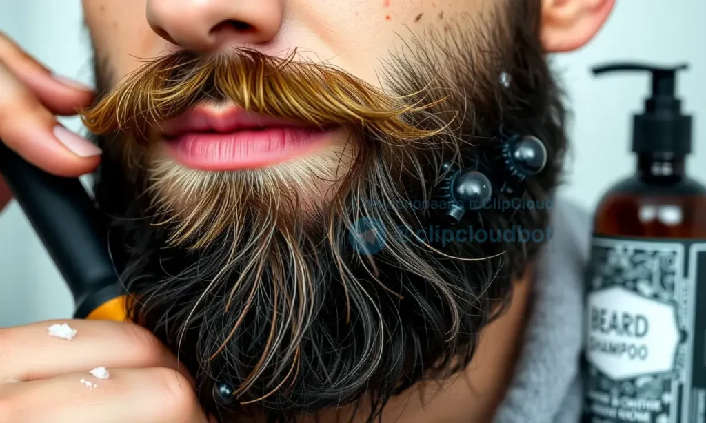 A detailed close-up of a man with a well-groomed beard, showcasing the process of washing and caring for the beard. The image should include a hand holding a beard brush, a bottle of beard shampoo, and a towel. The beard should look clean and healthy, with a focus on the texture and shine of the hair.