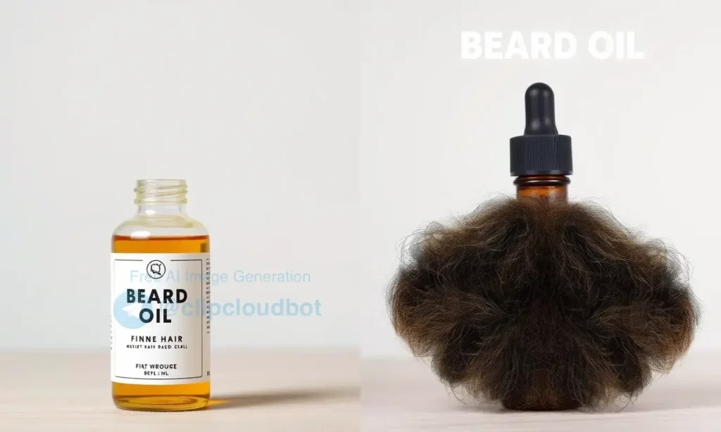 A split-screen comparison showing a bottle of hair oil on the left and a bottle of beard oil on the right. The hair oil bottle is labeled with fine, delicate strands of hair, while the beard oil bottle is labeled with coarse, thick beard hairs. The background is a clean, neutral studio setting with soft lighting to highlight the product labels and textures.