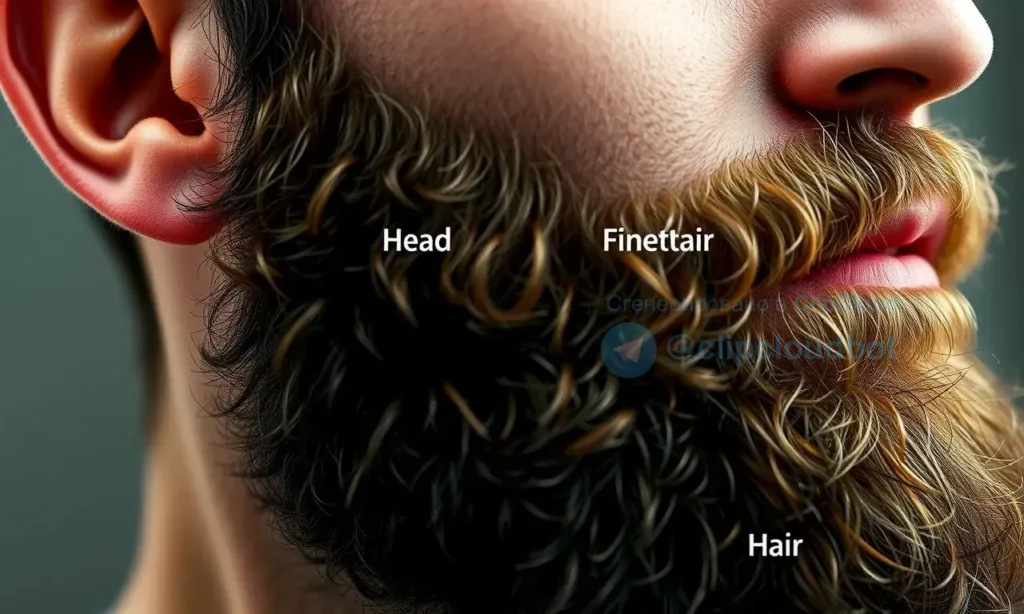 A detailed close-up of a man's face showcasing the texture difference between his beard and head hair. The beard should appear coarse and thick, while the head hair should look softer and finer. The image should highlight the contrast in texture and density, with natural lighting to emphasize the differences.