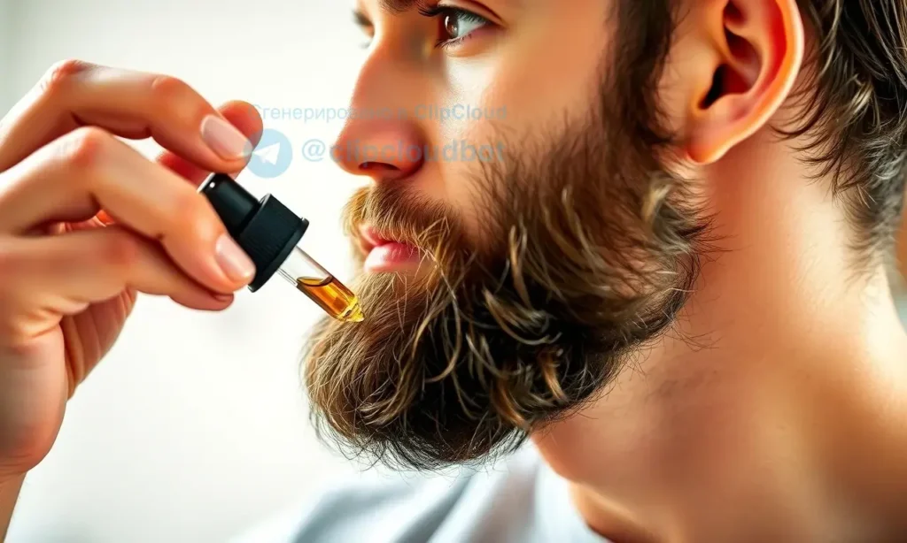 A high-quality, close-up shot of a man with a well-groomed beard applying beard oil. He is holding a small dropper bottle and carefully applying the oil to his beard. The lighting is soft and natural, highlighting the texture of the beard and the man's focused expression. The background is blurred to keep the focus on the subject.