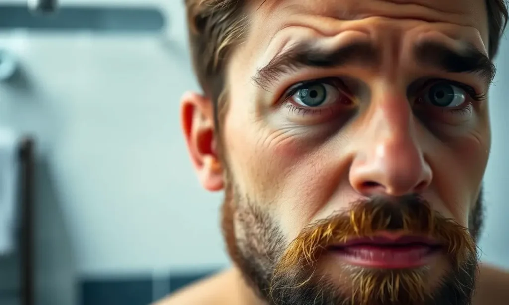 A close-up shot of a man with a well-groomed beard, looking slightly concerned. Focus on the beard itself, showing healthy, slightly textured hair. The background is blurred, suggesting a bathroom setting with soft lighting. The overall mood is one of problem-solving and seeking a solution.