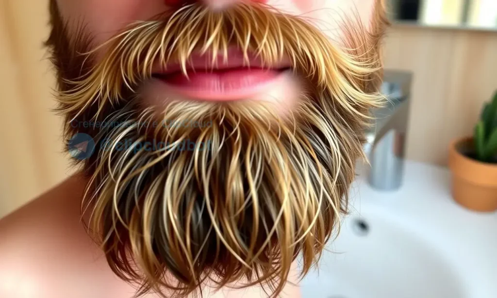 A close-up of a well-groomed beard with healthy, smooth tips, no split ends, natural lighting highlighting the texture and shine of facial hair, soft background of a bathroom sink with natural wood elements and a small potted plant, warm earthy tones, realistic style, focus on beard health and care