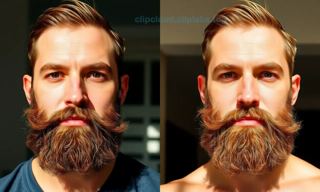 A split-screen comparison of a man's beard. The left side shows a dark, rich brown beard in natural, shaded light. The right side shows the same beard under bright, direct sunlight, where the hair has visibly lightened to a golden-brown or blonde hue, demonstrating the effect of sun exposure on pigment. The man has a neutral, informative expression.