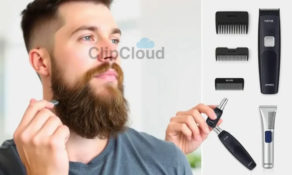 A well-groomed man with a short beard, showcasing various grooming tools and products such as beard oil, beard balm, a beard comb, and a trimmer. The man should be in the process of applying beard oil or using a comb to demonstrate proper beard care techniques. The setting should be clean and modern, with a focus on the grooming process and the tools used.