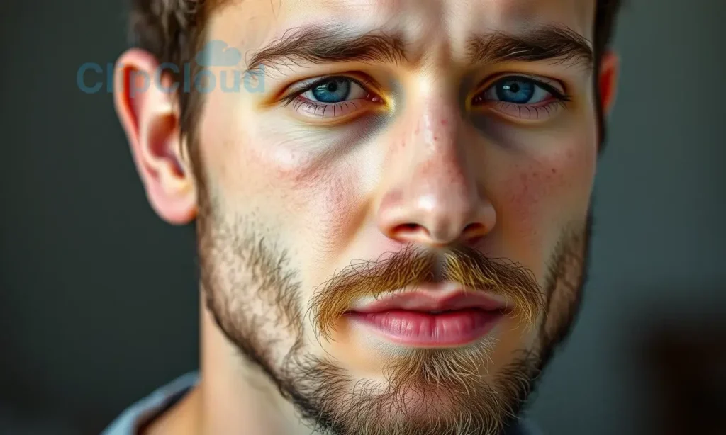 A close-up portrait of a young man with a patchy, uneven beard growing in small clumps, showing natural genetic variation, with subtle hormonal symbols like faint molecular structures in the background, soft natural lighting, realistic skin texture, no text or letters on the face, no digital artifacts