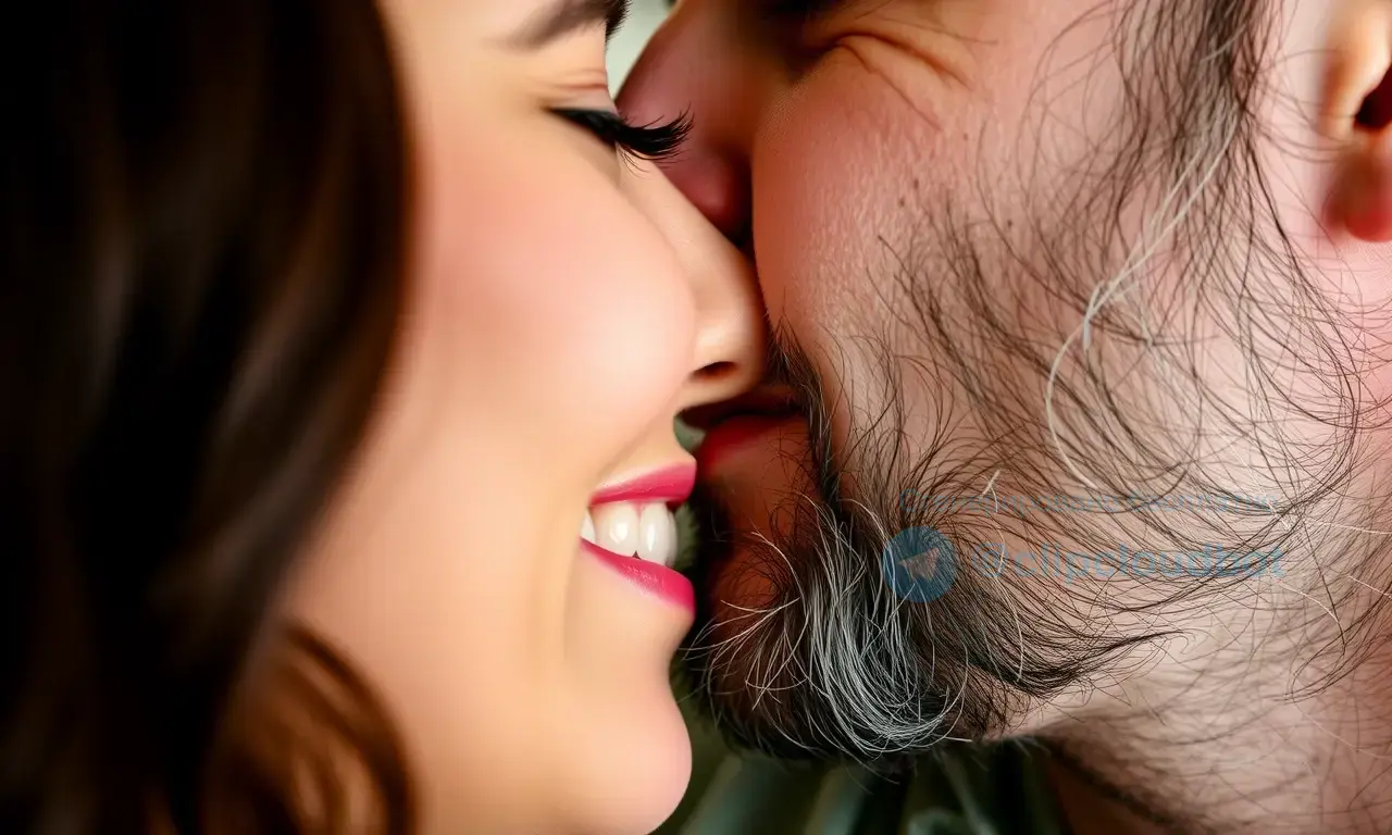 A close-up, high-quality shot of a couple in an intimate moment. The focus is on the man's face, showing a well-groomed but slightly coarse beard. The woman is leaning in to kiss him, and her expression shows a slight wince or discomfort, indicating the beard is still prickly despite attempts to soften it. The lighting is soft and warm, highlighting the texture of the skin and hair. The background is blurred to keep the focus on the interaction.
