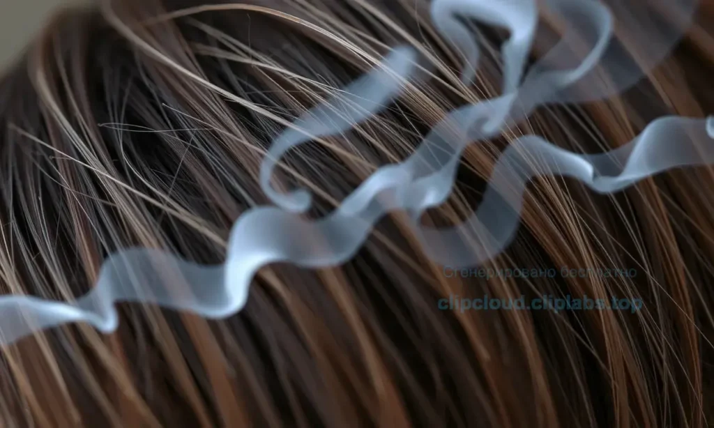 A close-up of a person's hair with visible smoke particles and a faint tobacco scent visualized as wavy lines, showing a clean, fresh atmosphere with natural light, no visible smoke or ash, representing the removal of tobacco odor from hair
