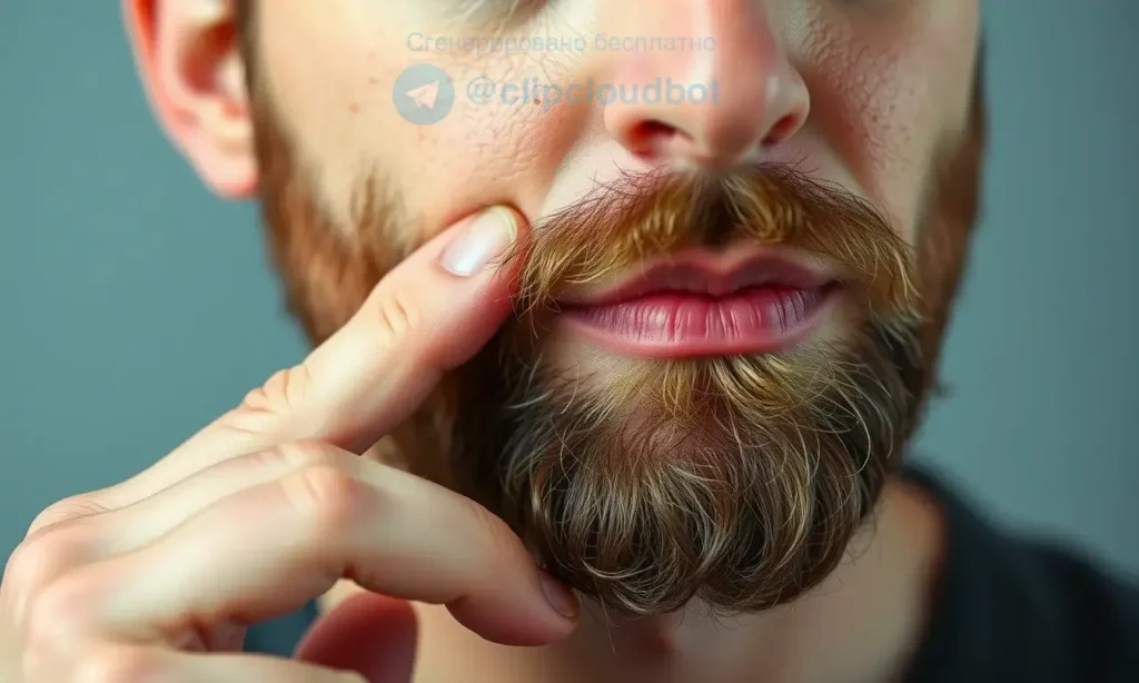 A close-up portrait of a man with a newly grown beard, showing his hand gently scratching the beard. The beard should appear slightly red and irritated, indicating the itching sensation. The background should be neutral and blurred to focus on the man's face and beard.