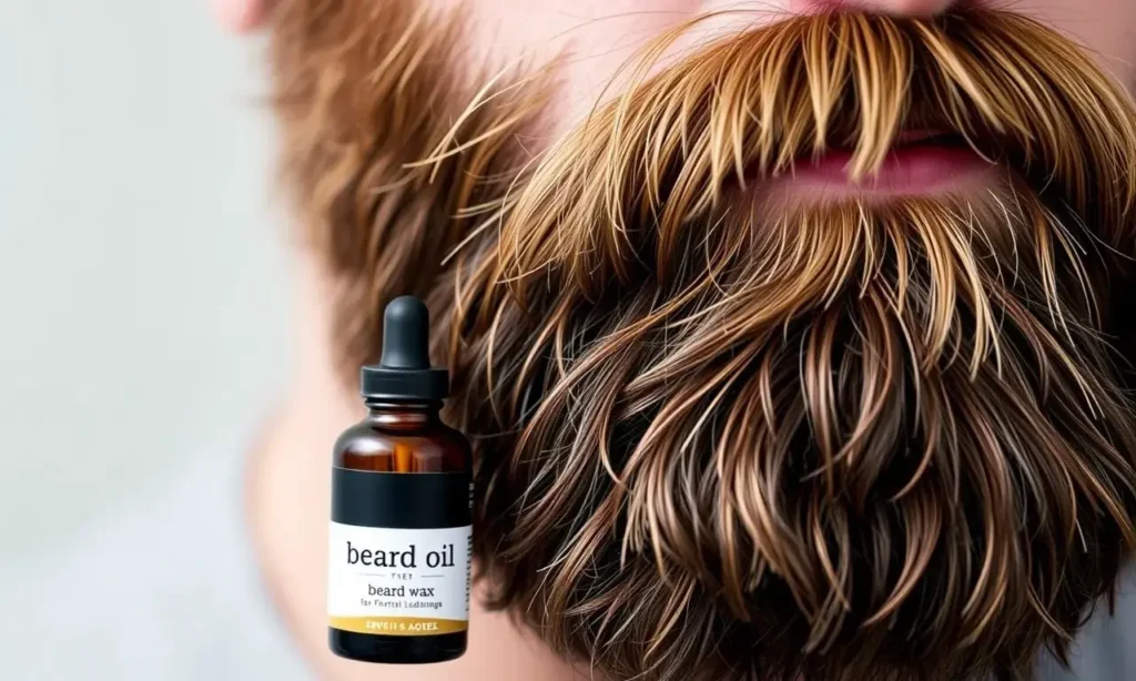 A close-up shot of a man's beard, showing the texture and healthy appearance. The beard is well-groomed and styled. Beside the beard, there are two containers: one labeled "beard oil" and the other labeled "beard wax". The background is blurred, focusing on the beard and the containers.