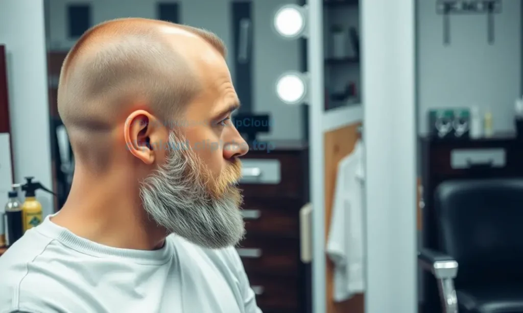 A man with a sparse, patchy beard, showing signs of thinning and uneven growth, standing in front of a mirror in a barbershop, looking at his reflection with concern. The background includes barber tools and a classic barbershop chair.