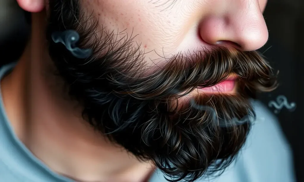A close-up, detailed image of a man's beard with a subtle, realistic depiction of a tobacco scent visualized as faint, swirling particles around the beard. The beard should be well-groomed and the man's face should be partially visible, showing a neutral expression. Focus on the texture and detail of the beard.