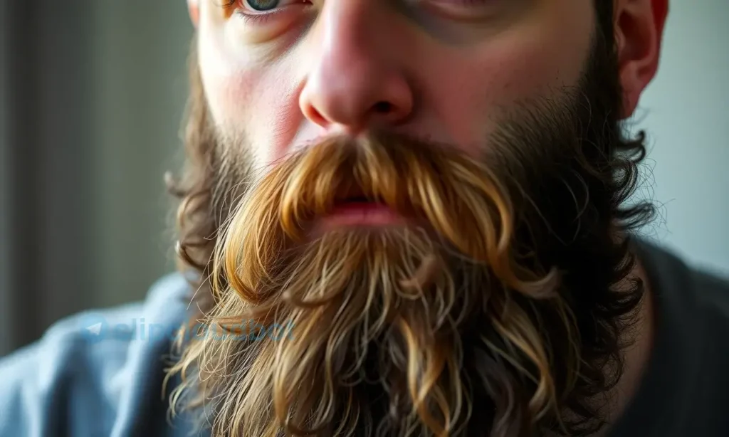 A close-up portrait of a man with a full beard, looking slightly concerned. The beard appears slightly unkempt, with visible strands and a subtle sheen suggesting recent washing but not complete cleanliness. Focus on the texture and detail of the beard. Soft, natural lighting.