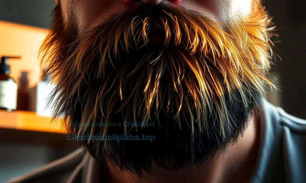 A close-up of a well-groomed, long beard with healthy, smooth tips showing no split ends, illuminated by soft natural light, emphasizing texture and shine, with subtle background of a wooden bathroom shelf and a beard oil bottle nearby, realistic style, high detail