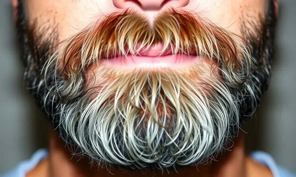 A close-up of a man's beard showing a gradient from dark roots near the skin to lighter tips, with subtle shading to emphasize the color transition, set against a neutral background, natural lighting, no text or symbols