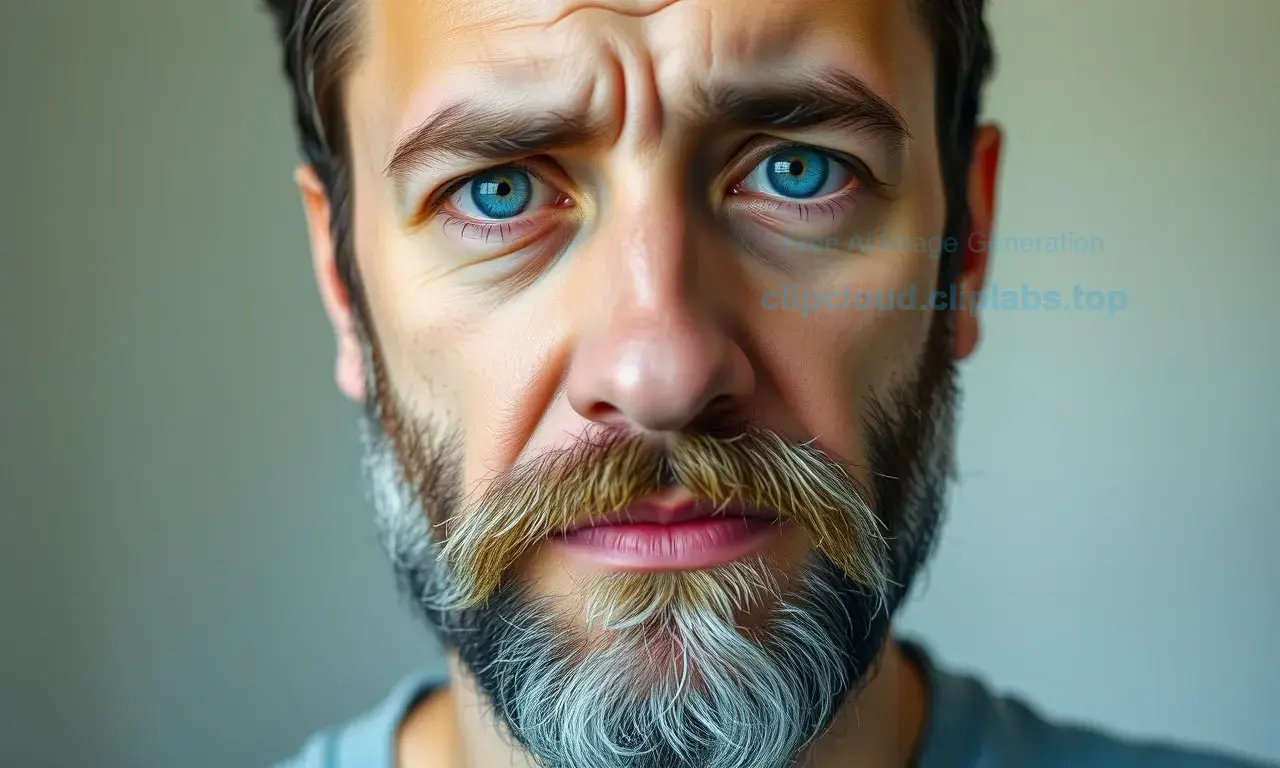 A close-up portrait of a man with a beard, showing the beard looking thinner and patchy after an illness. The man has a concerned expression, looking into the camera. The background is neutral and slightly blurred to keep the focus on the beard and facial expression.